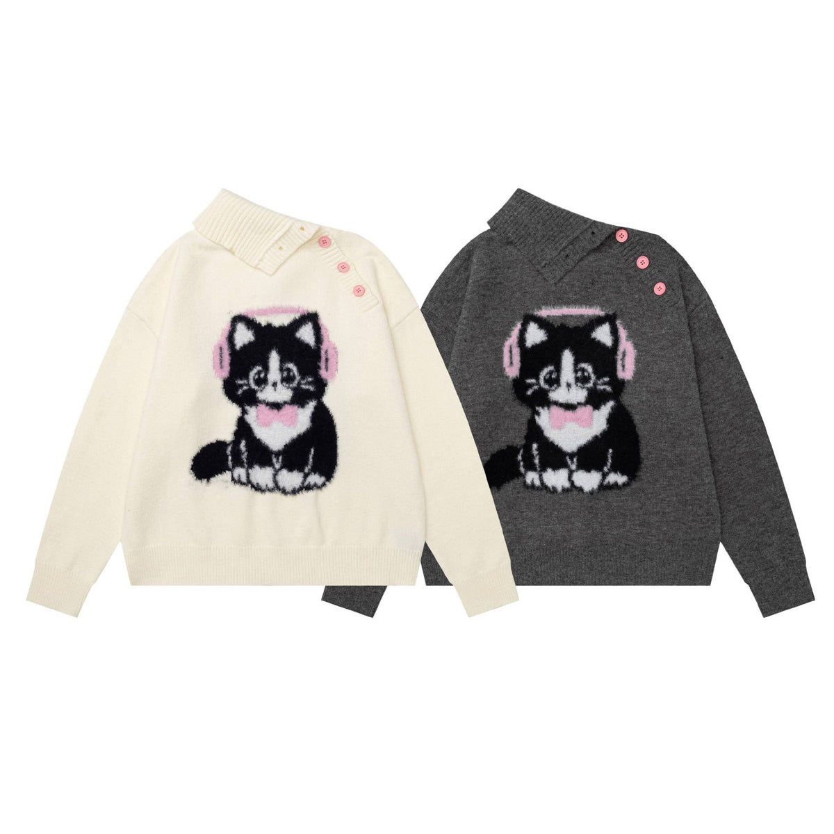 Earphones kitten diagonal button sweater