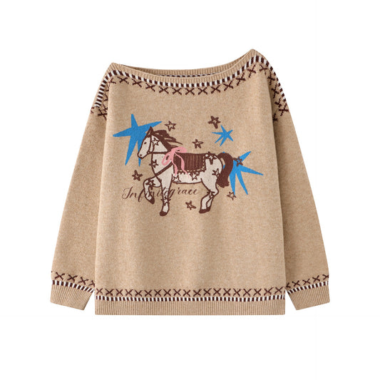 A loose women's sweater with a single neckline and sloping shoulders