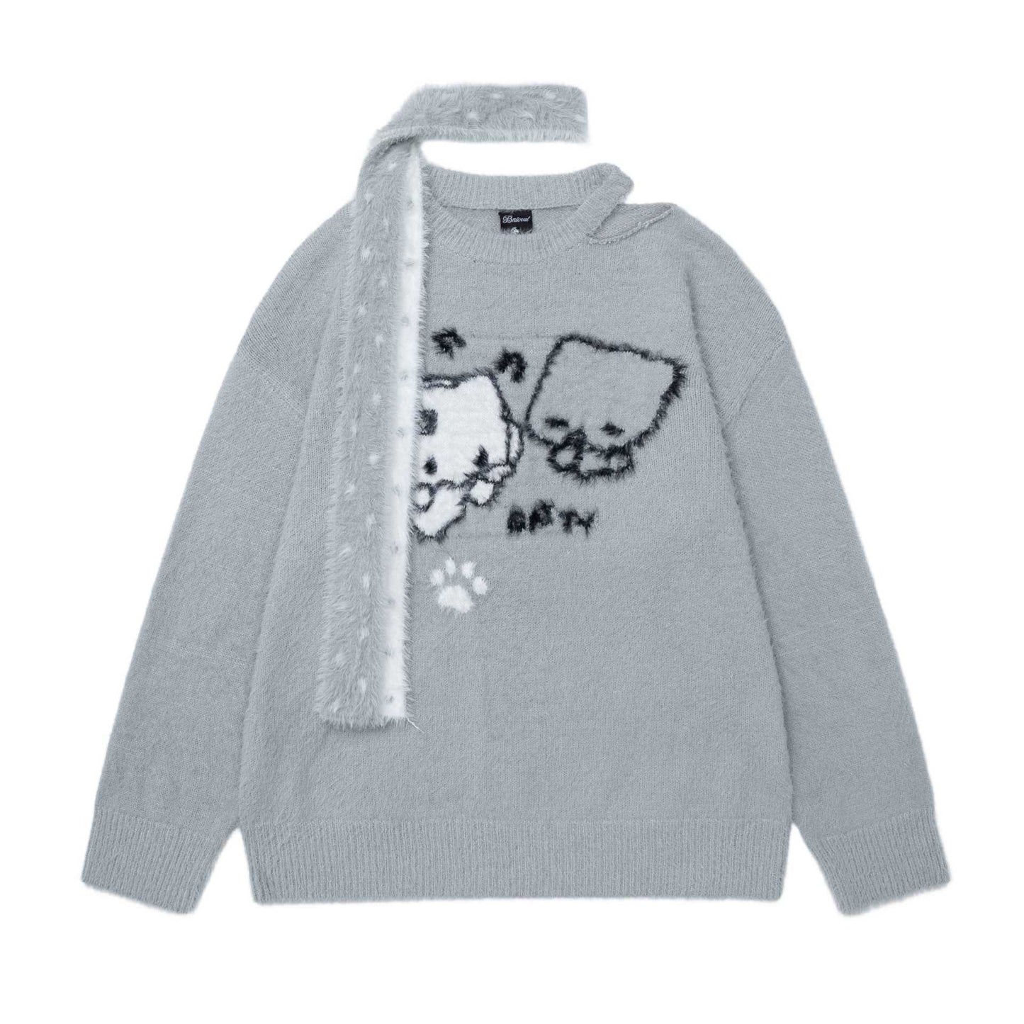 Cat Jacquard Piercing Sweater