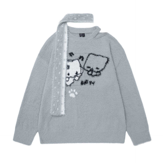 Cat Jacquard Piercing Sweater