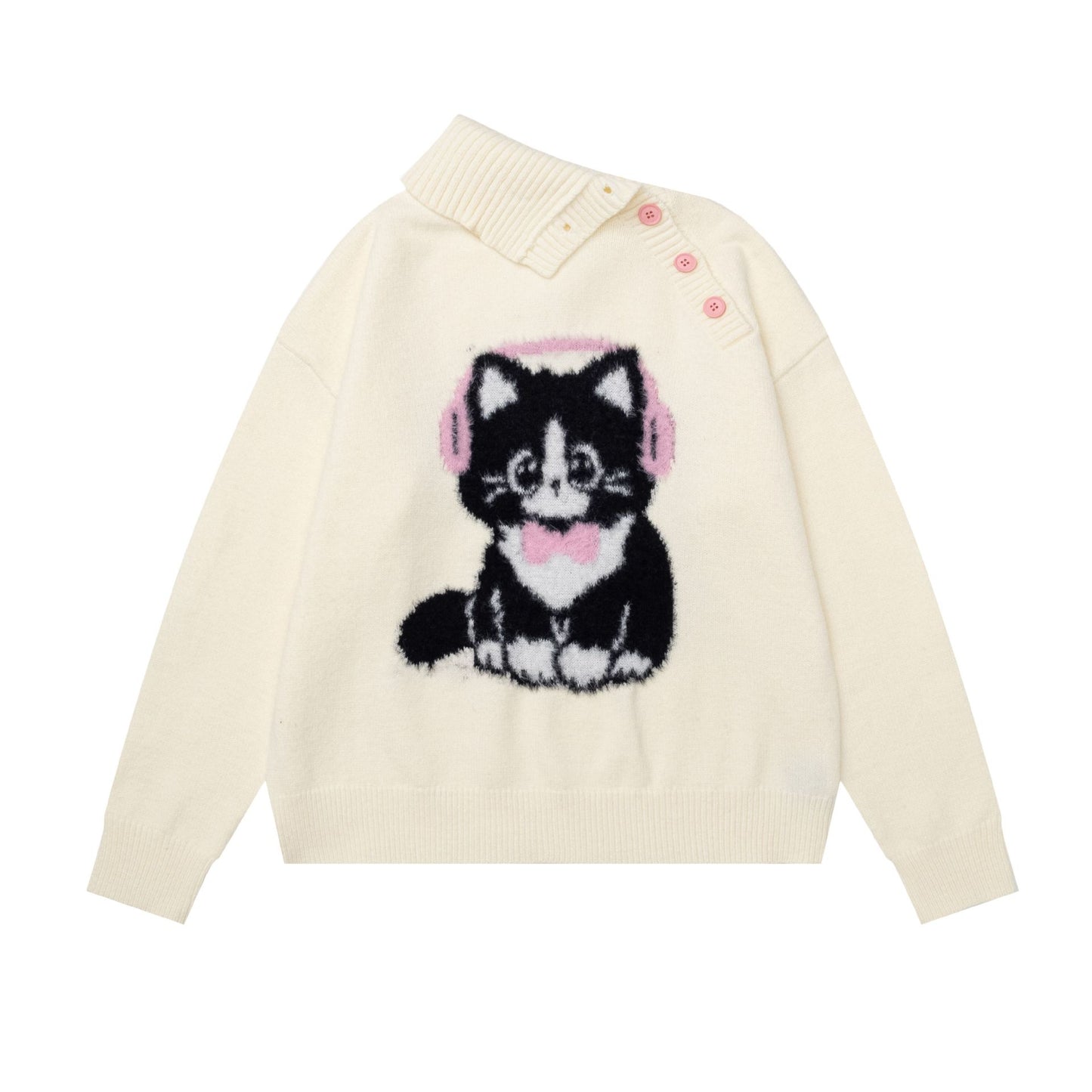 Earphones kitten diagonal button sweater