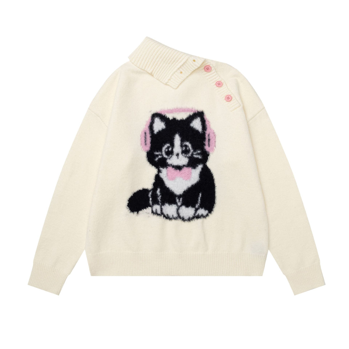 Earphones kitten diagonal button sweater