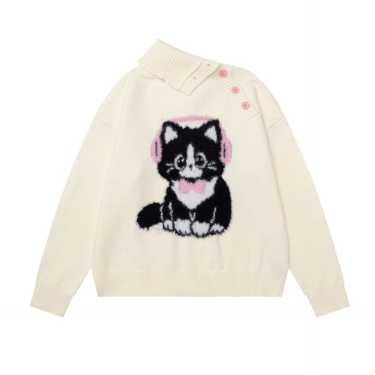 Earphones kitten diagonal button sweater
