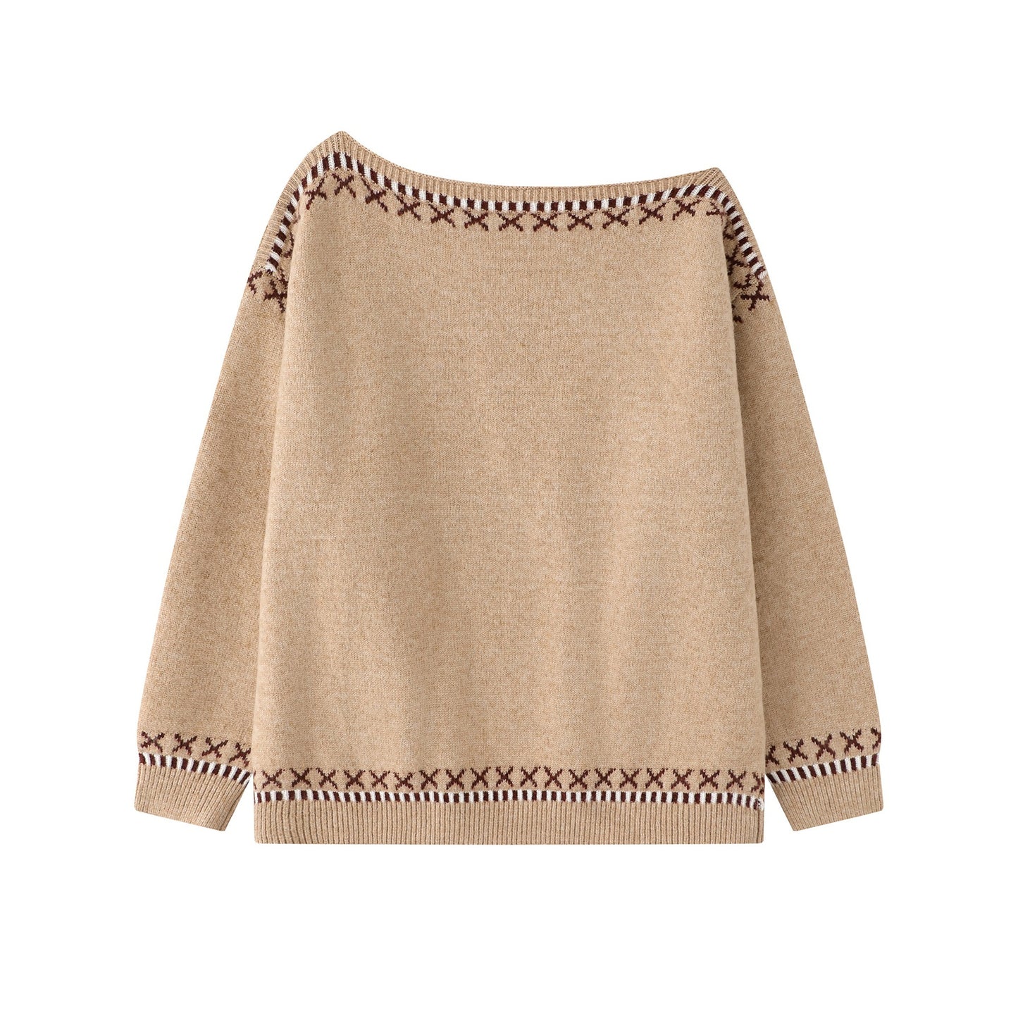 A loose women's sweater with a single neckline and sloping shoulders