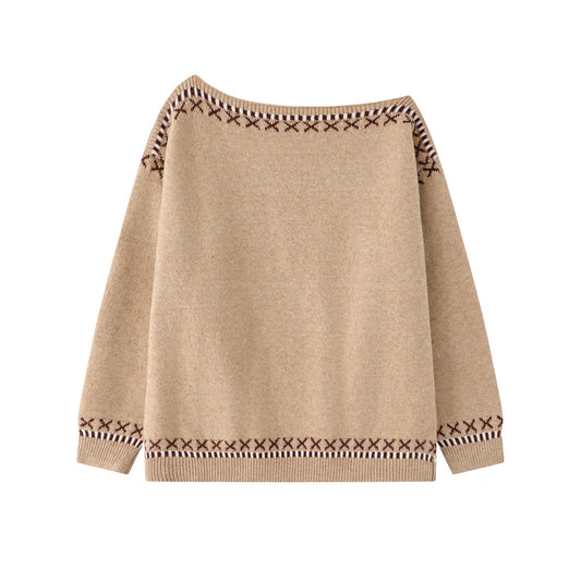 A loose women's sweater with a single neckline and sloping shoulders