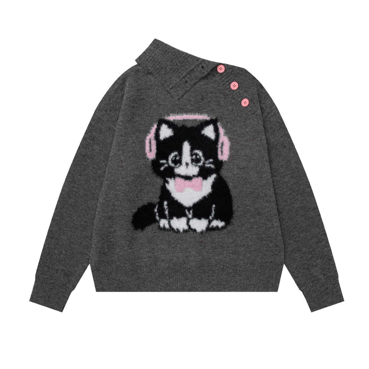 Earphones kitten diagonal button sweater