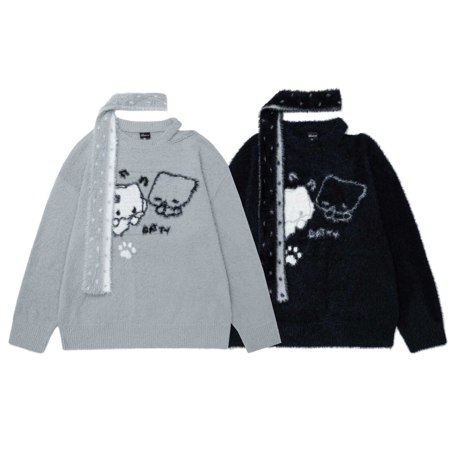 Cat Jacquard Piercing Sweater